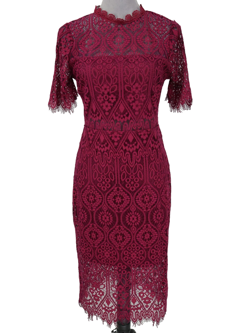 Lulus Dress Womens Medium Burgundy Lace Lined Blend High Neck Back Zip Cotton